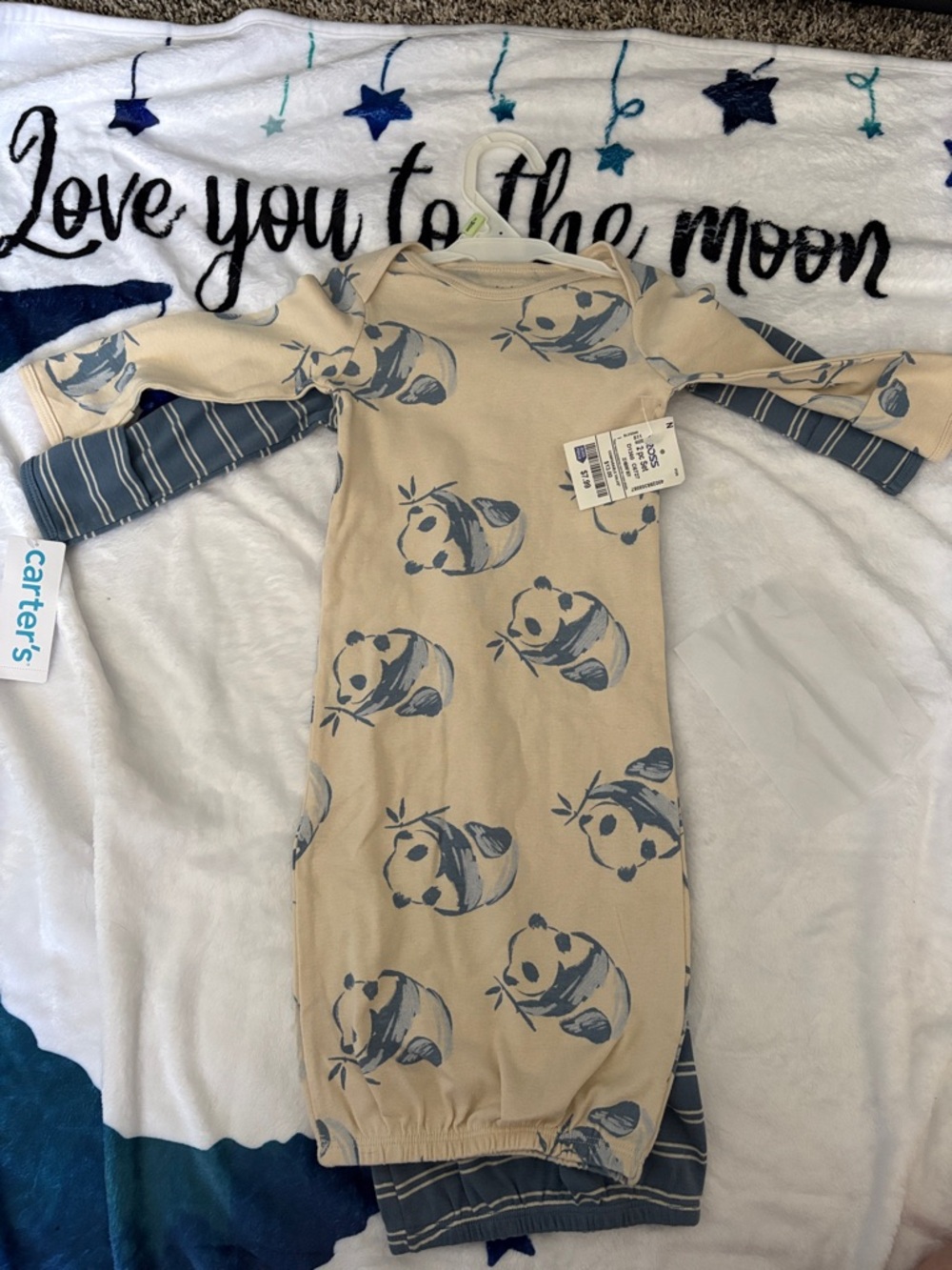 Carter's Beige Baby Gown with Blue Panda Pattern